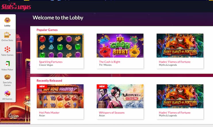 An image of the slots selection at Slots of Vegas, a leader among top slots casinos.